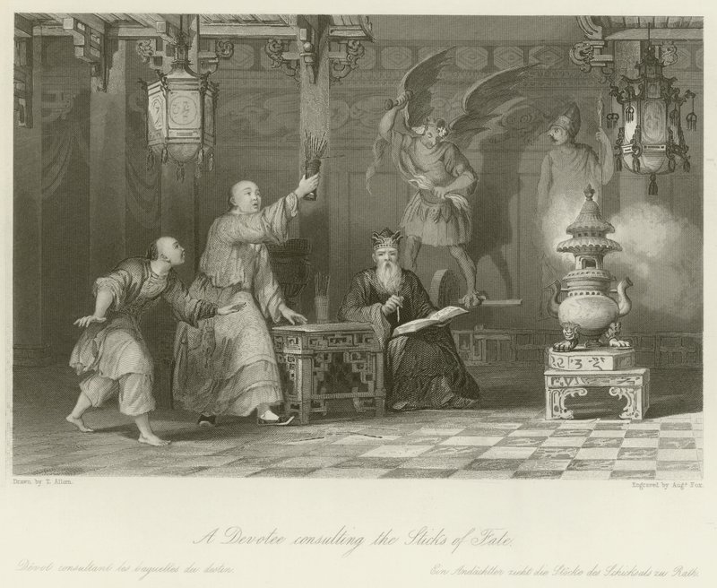 En hengiven som konsulterer Sticks of Fate av Thomas Allom