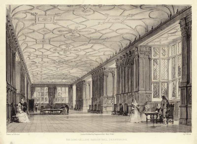 The Long Gallery, Haddon Hall, Derbyshire (lithotint) av Thomas Allom