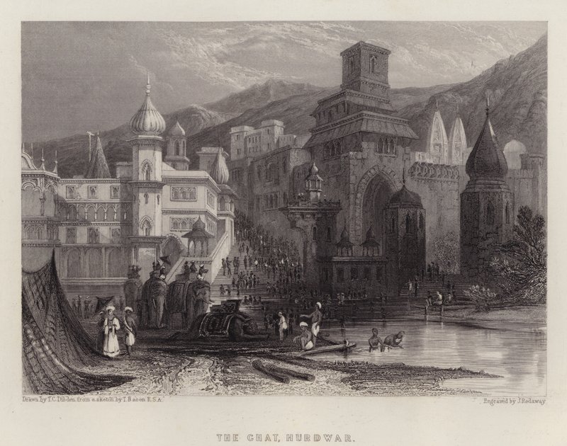 The Ghat, Hurdwar (farge litho) av Thomas Colman (after) Dibdin