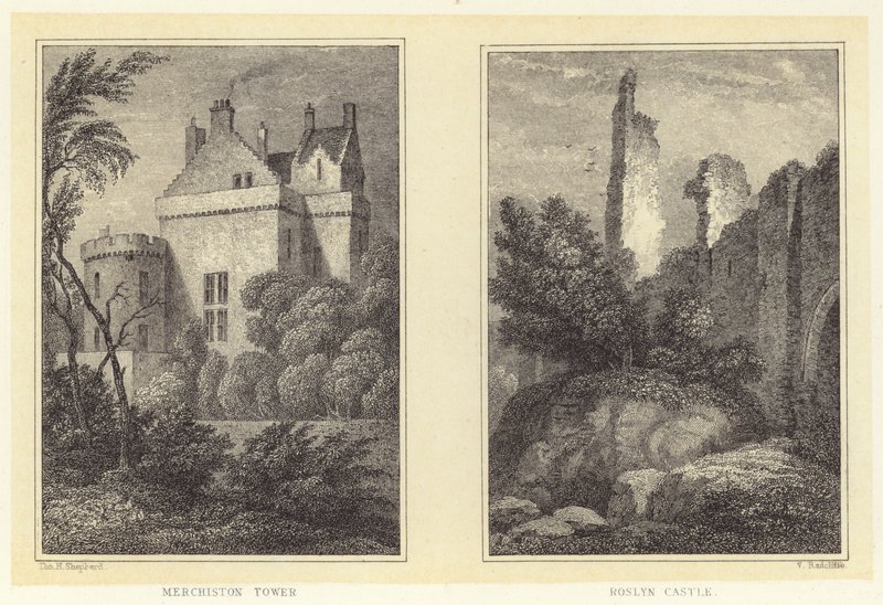 Merchiston Tower; Roslyn Castle (gravering) av Thomas Hosmer (after) Shepherd