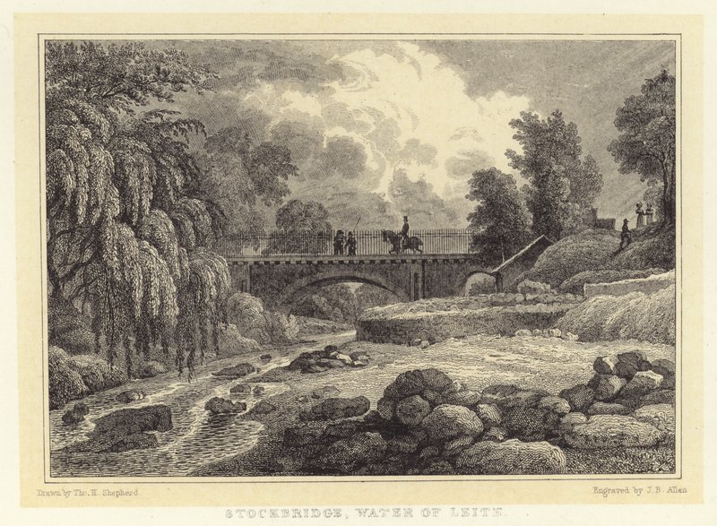 Stockbridge, Water of Leith (gravering) av Thomas Hosmer (after) Shepherd