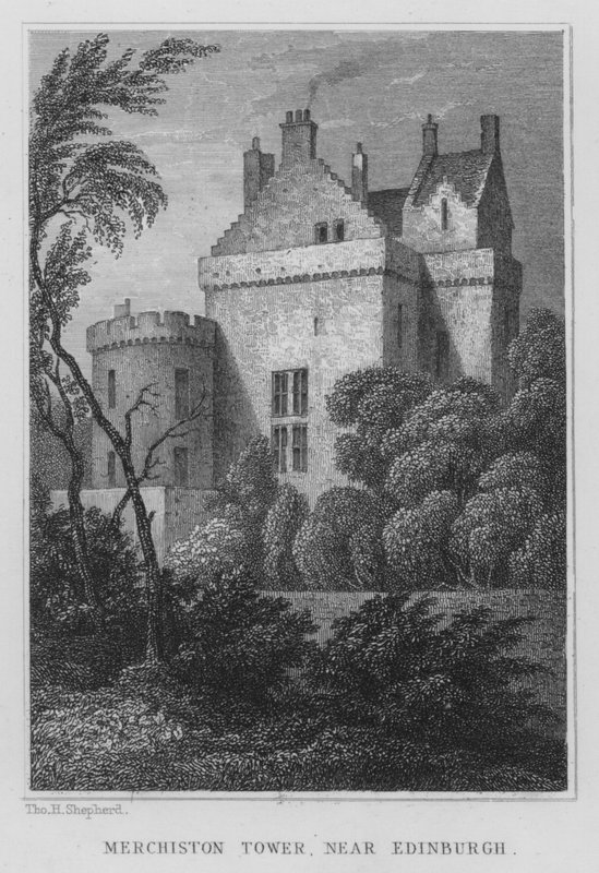 Merchiston Tower, nær Edinburgh (gravering) av Thomas Hosmer Shepherd