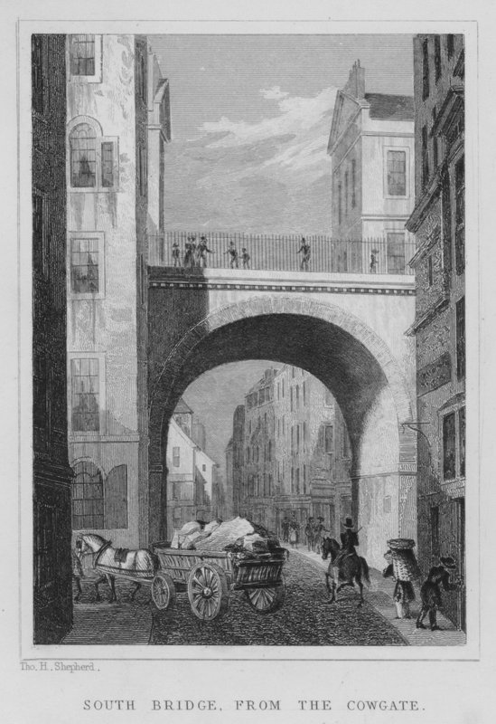 South Bridge, fra Cowgate (gravering) av Thomas Hosmer Shepherd