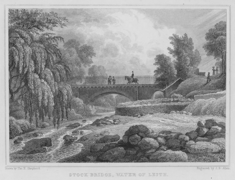 Stock Bridge, Water of Leith (gravering) av Thomas Hosmer Shepherd