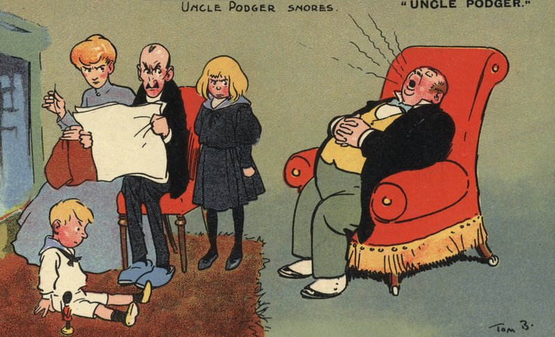 Onkel Podger snorker (farge litho) av Tom Browne