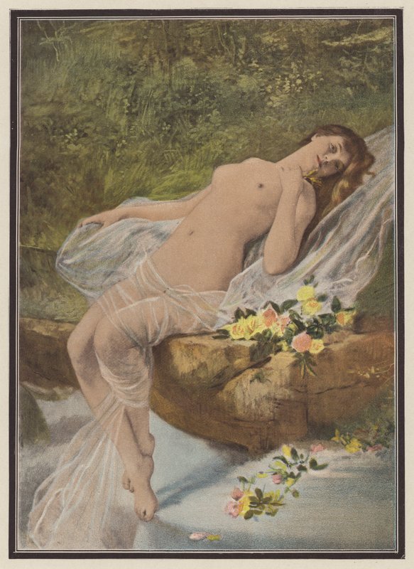 Kvinne med blomster (farge litho) av Vlaho Bukovac