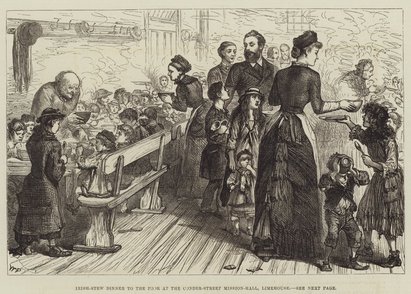 Irsk-stew-middag til de fattige i Conder-Street Mission-Hall, Limehouse av Walter Paget