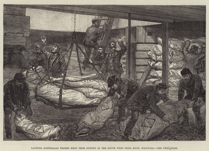Lander australsk frosset kjøtt fra Sydney i South West India Dock, Millwall av Walter Paget