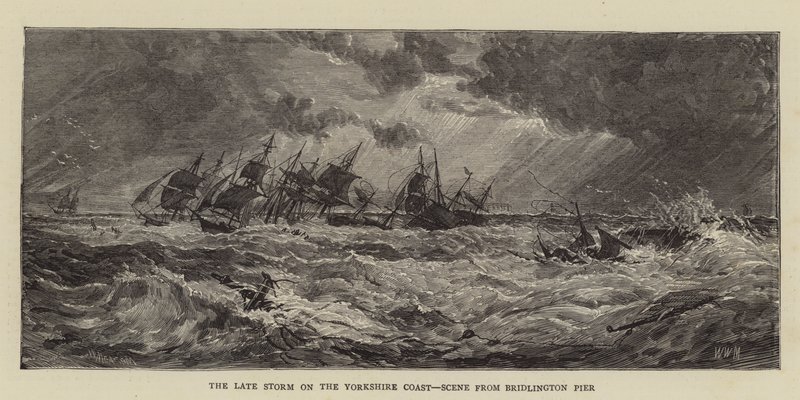 The Late Storm på Yorkshire Coast, scene fra Bridlington Pier av Walter William May