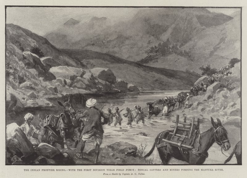 The Indian Frontier Rising, med første divisjon Tirah Field Force, Bengal Sappers og gruvearbeidere som forser Mastura-elven av William Barnes Wollen
