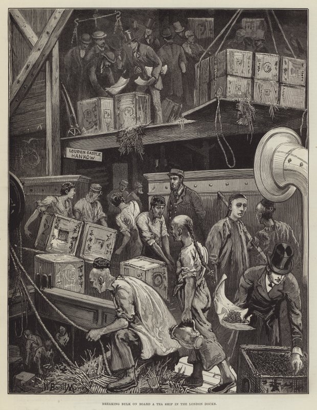 Breaking Bulk om bord på et teskip i London Docks av William Bazett Murray