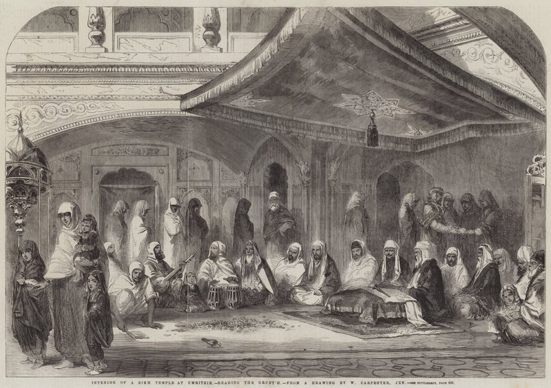 Interiør i et sikhtempel i Umritzir, leser Grunt