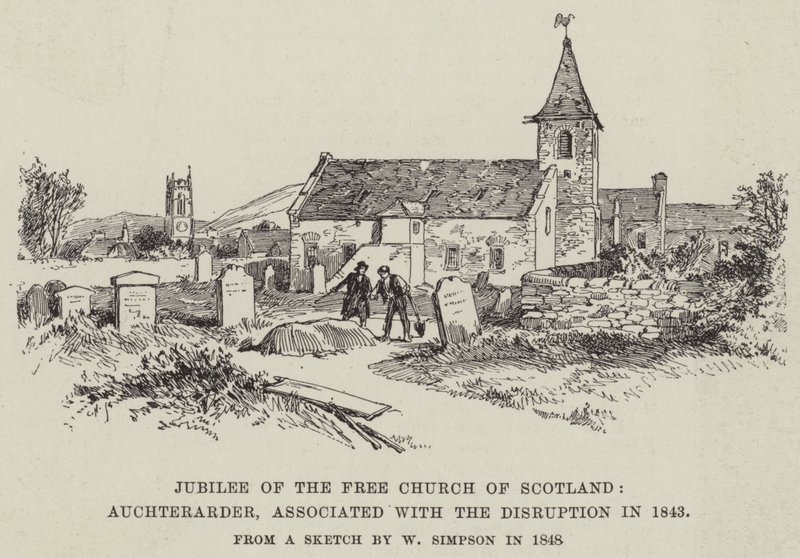 Jubileum for Free Church of Scotland, Auchterarder, assosiert med forstyrrelsen i 1843 av William Crimea Simpson