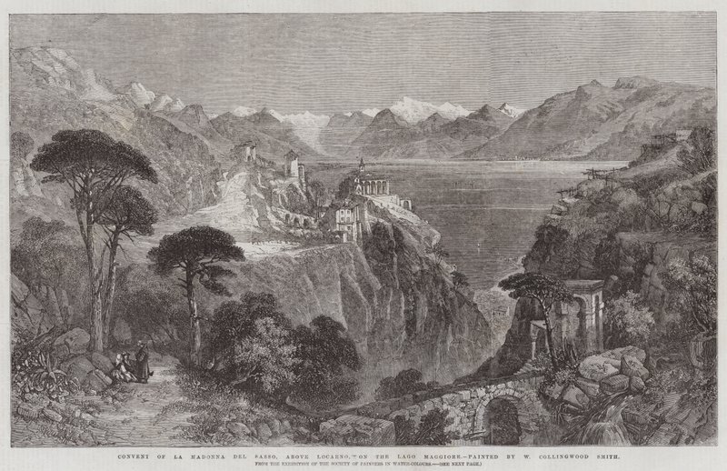 Klosteret La Madonna del Sasso, over Locarno, ved Lago Maggiore, fra utstillingen til Society of Painters in Water-Colours av William Harding Collingwood Smith