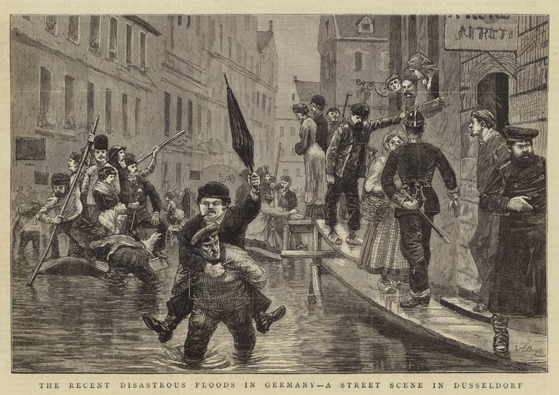 De nylige katastrofale flommene i Tyskland, en gatescene i Düsseldorf av William Lockhart Bogle