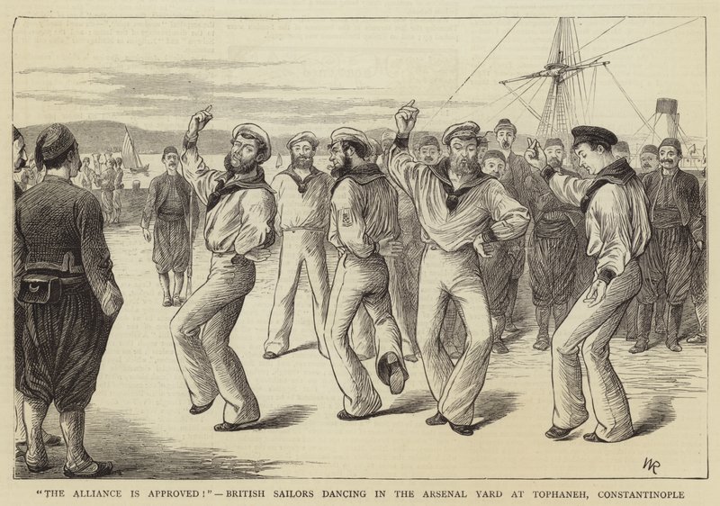 Alliansen er godkjent!, britiske sjømenn danser i Arsenal Yard i Tophaneh, Konstantinopel av William Ralston