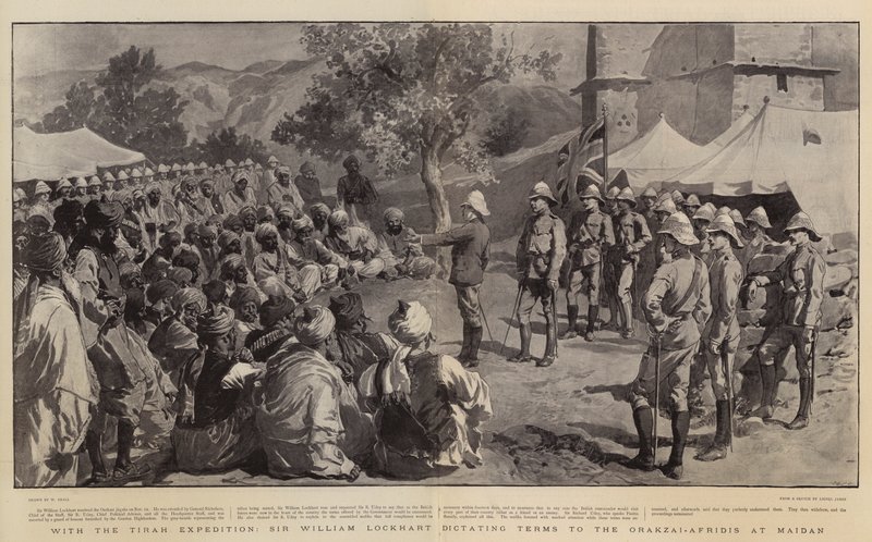 Med Tirah-ekspedisjonen dikterer Sir William Lockhart vilkår til Orakzai-Afridis ved Maidan av William Small