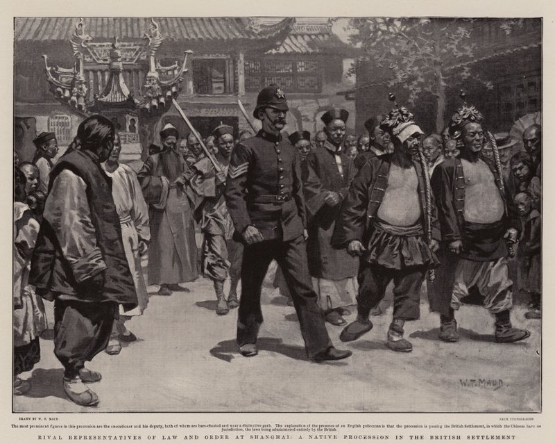 Rivalerende representanter for lov og orden i Shanghai, en innfødt prosesjon i den britiske bosetningen av William T. Maud