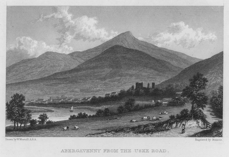 Abergavenny fra Uske Road (gravering) av William (after) Westall