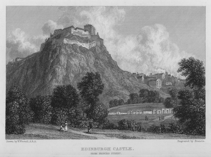 Edinburgh Castle, fra Princes Street (gravering) av William (after) Westall