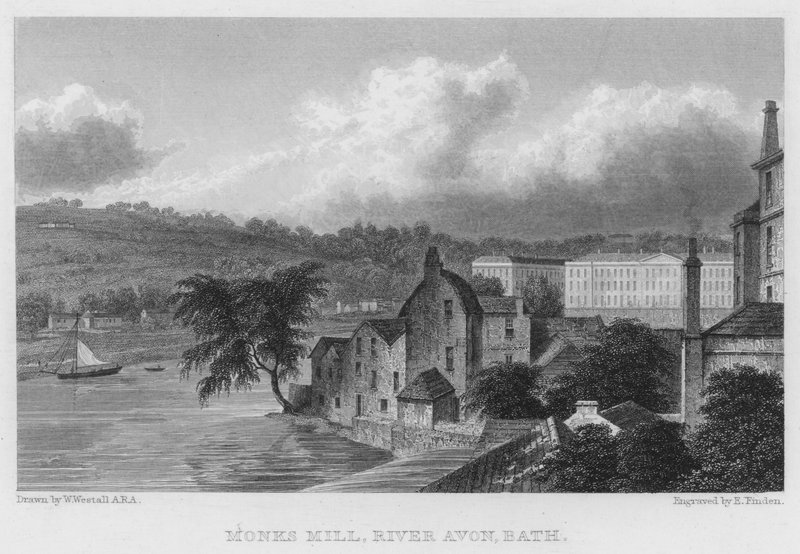 Monks Mill, River Avon, Bath (gravering) av William (after) Westall