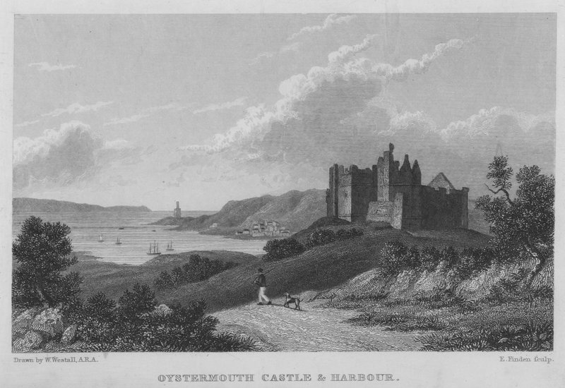 Oystermouth Castle and Harbor (gravering) av William (after) Westall