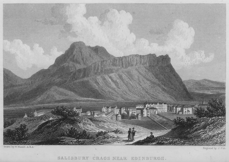 Salisbury Crags nær Edinburgh (gravering) av William (after) Westall