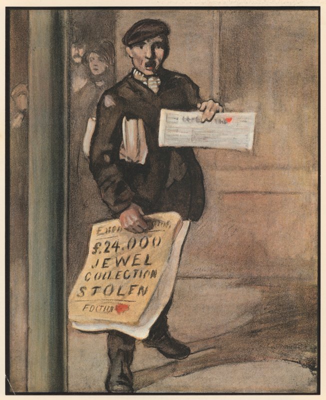 The Newsboy, "Extry Speshul" (farge litho) av William Dacres Adams
