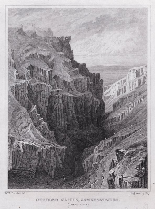 Cheddar Cliffs, Somersetshire, ser sørover (gravering) av William H. Bartlett