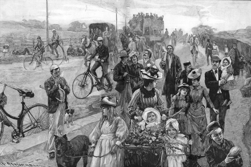 Gatebilde med mange sykler av William Hatherell