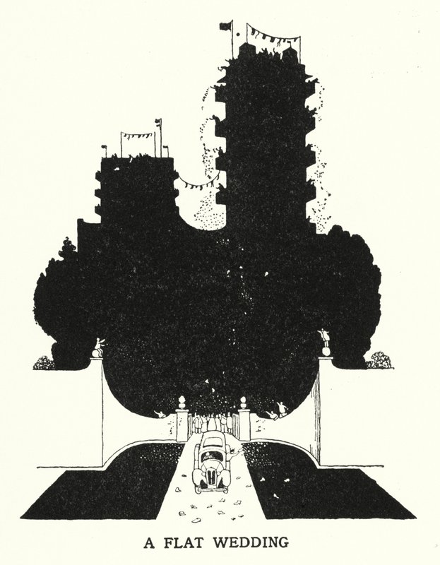 Et flatt bryllup (litho) av William Heath Robinson