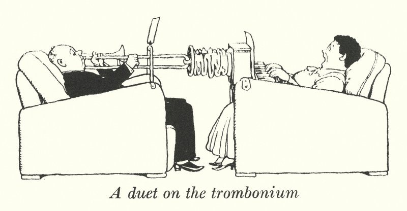 En duett på tromboniet (litho) av William Heath Robinson