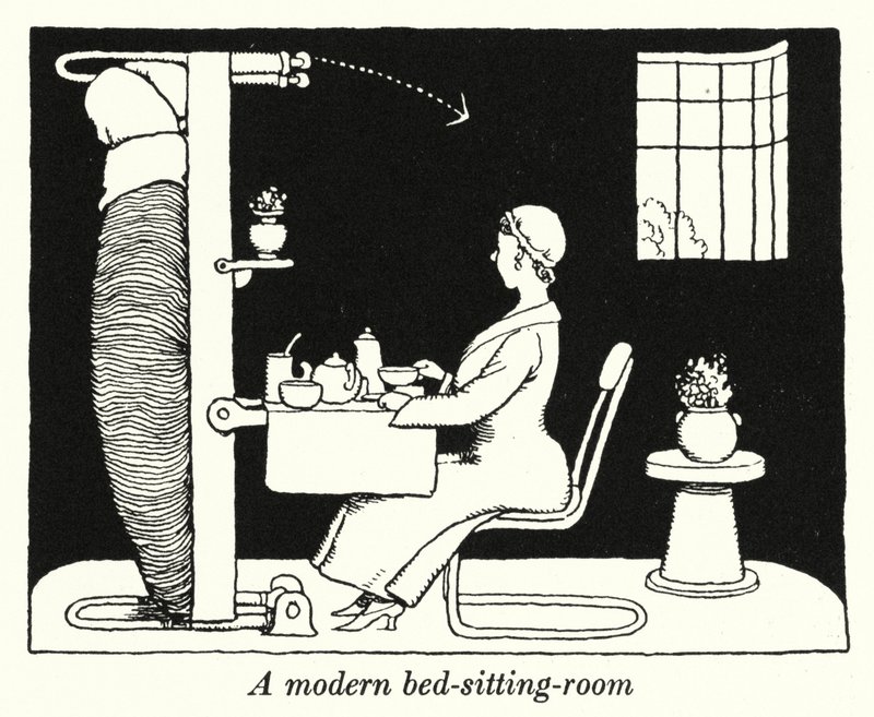 En moderne seng-stue (litho) av William Heath Robinson