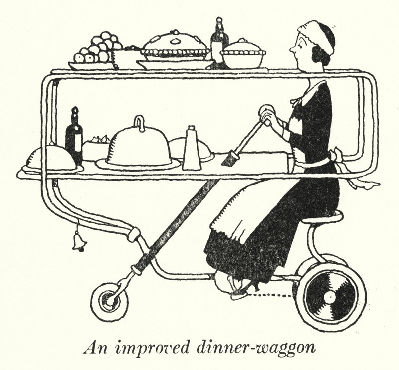 En forbedret middagsvogn (litho) av William Heath Robinson
