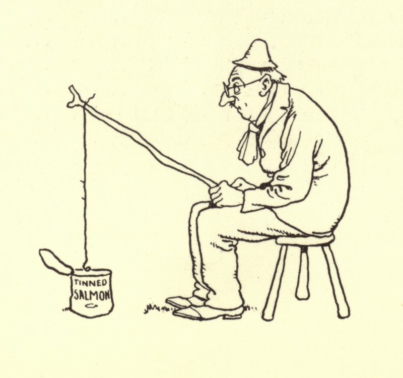 Mann som fisker laks på boks av William Heath Robinson
