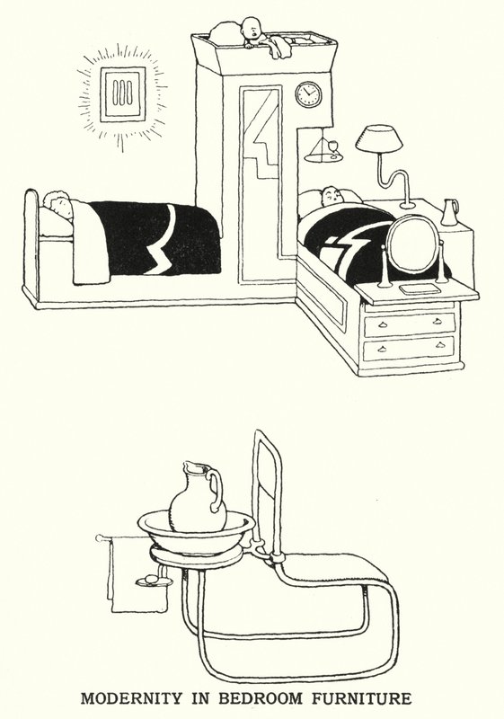 Modernitet i soveromsmøbler (litho) av William Heath Robinson