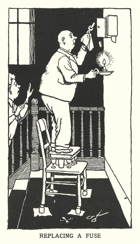 Bytte ut en sikring (litho) av William Heath Robinson