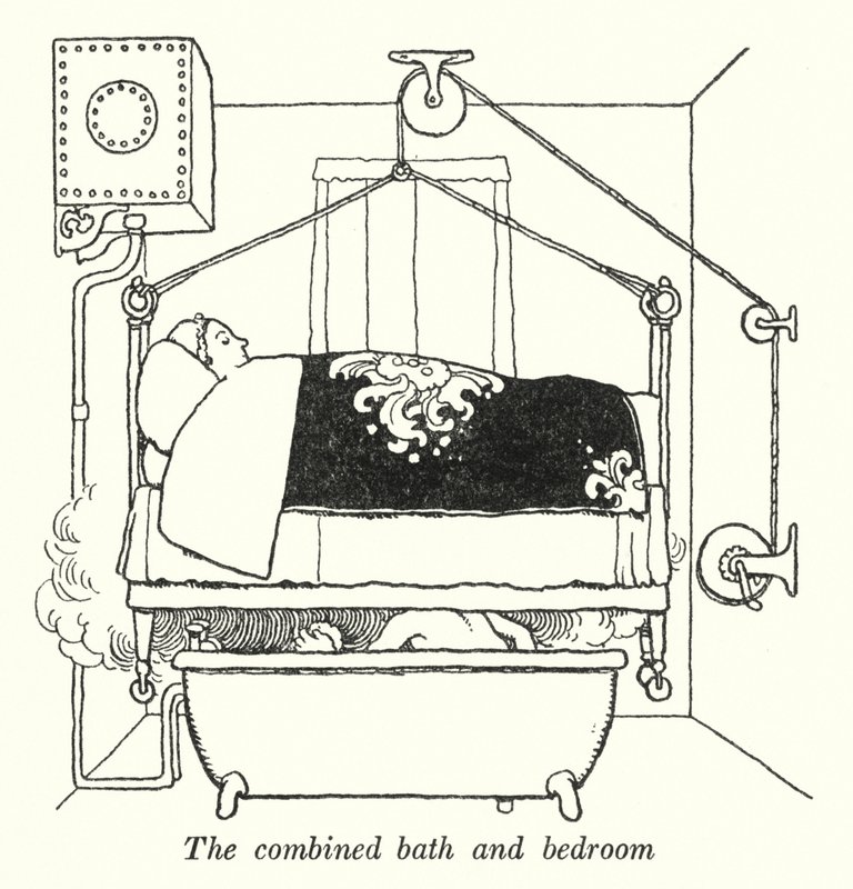 Det kombinerte badet og soverommet (litho) av William Heath Robinson