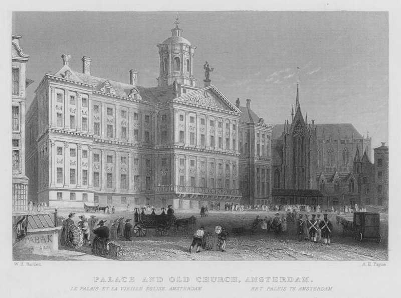 Palass og gamle kirke, Amsterdam (gravering) av William Henry Bartlett