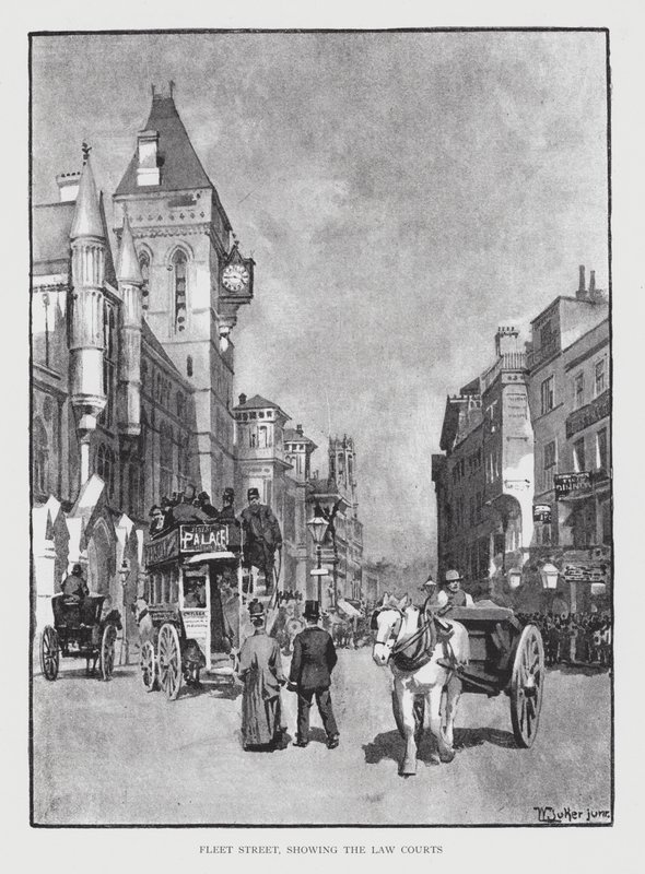 Fleet Street, som viser Law Courts (litho) av William Luker