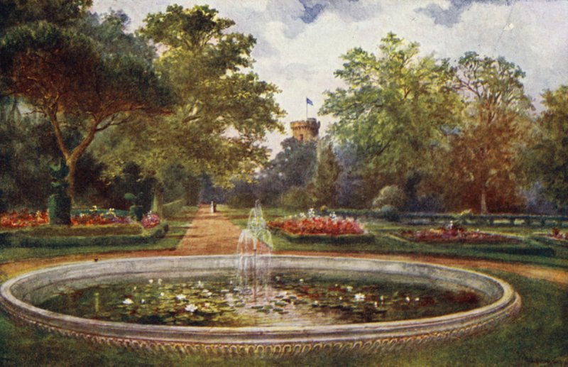 Warwick Castle: Terrace Walk (farge litho) av William W. Quatremain