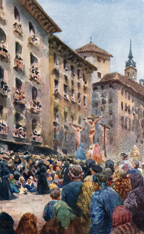 Saragossa, påskeprosesjon (farge litho) av William Wiehe Collins