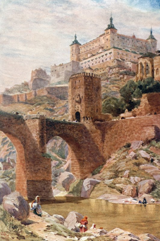 Toledo, Alcantara-broen (farge litho) av William Wiehe Collins