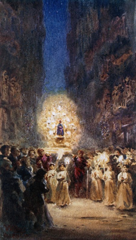 Valencia, religiøs prosesjon (farge litho) av William Wiehe Collins