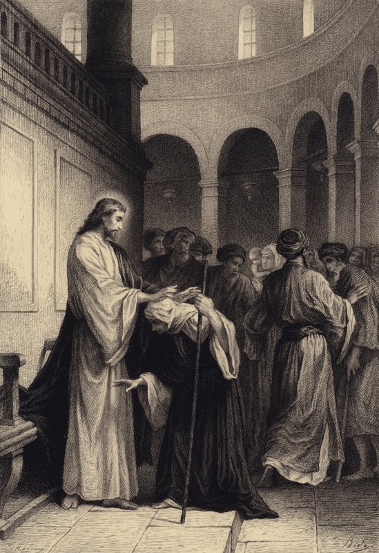 Kristus helbreder den syke kvinnen av after Albert Robida