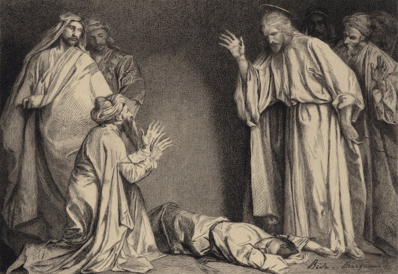 Jesus helbreder det besatte barnet av after Albert Robida