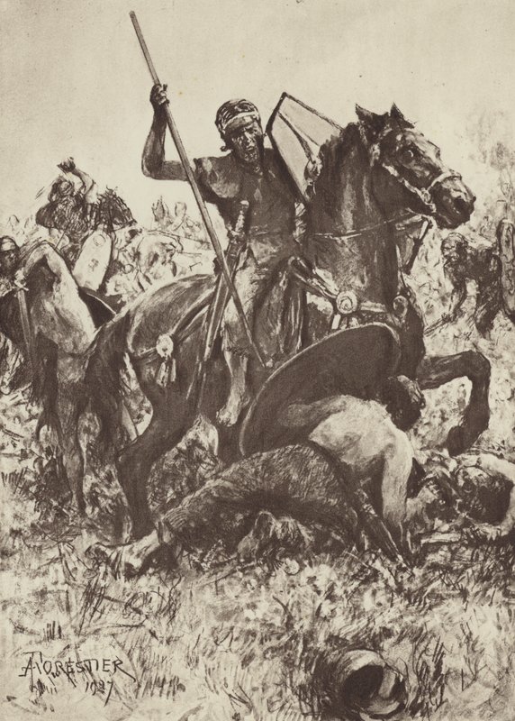 Auxiliary Cavalry angriper tyske stammemenn av after Amedee Forestier