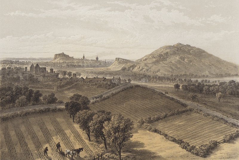 Edinburgh fra nær Craigmillar Castle (chromolitho) av after David Roberts
