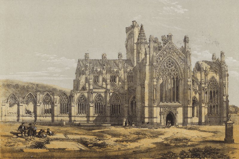 Melrose Abbey, fra sør (chromolitho) av after David Roberts