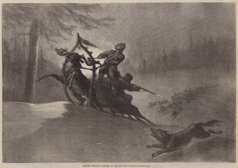 Lapplandsbønder forfulgt av ulver av Gustave after Dore